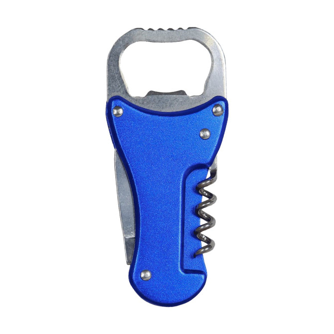 A drink bottle opener with a blue metallic handle, featuring a corkscrew and a bottle cap opener. Includes a logo.