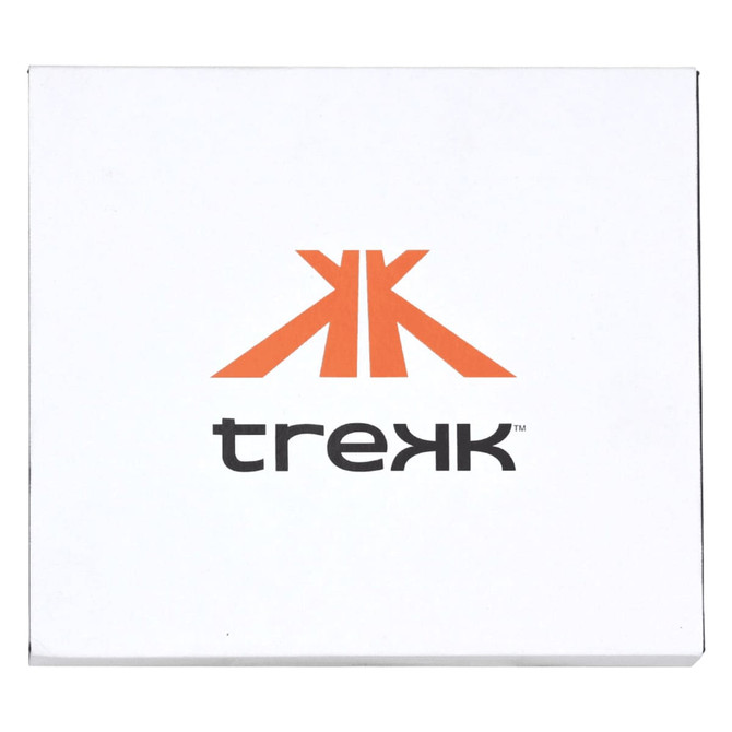A white box featuring an orange logo and black text for the Trekk brand.