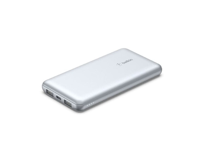 A silver power bank with two USB ports and a logo, featuring a sleek design and indicator lights.