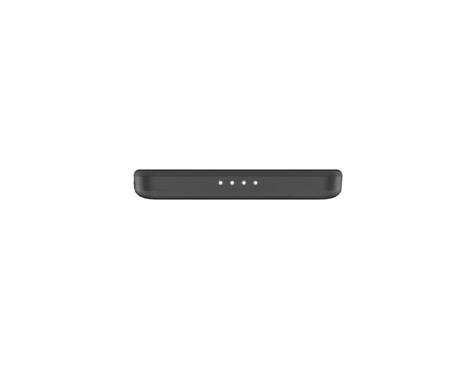 A slim black power bank with four indicator lights and a smooth surface. It features a logo on one side.