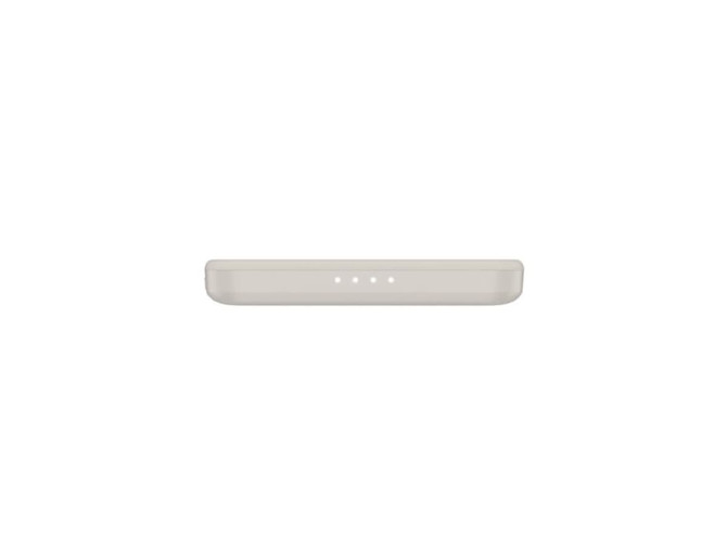 A slim, light beige power bank with four indicator lights on top, featuring a subtle branding logo.