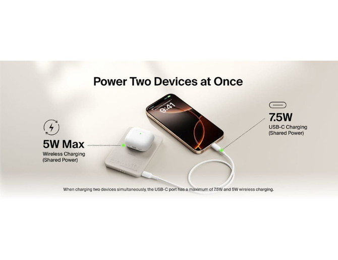 A slim, white power bank with a wireless charging pad, and a smartphone charging via a USB-C cable.