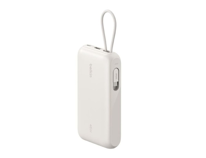 A white power bank with an integrated cable and display, featuring a loop for easy carrying and a logo.