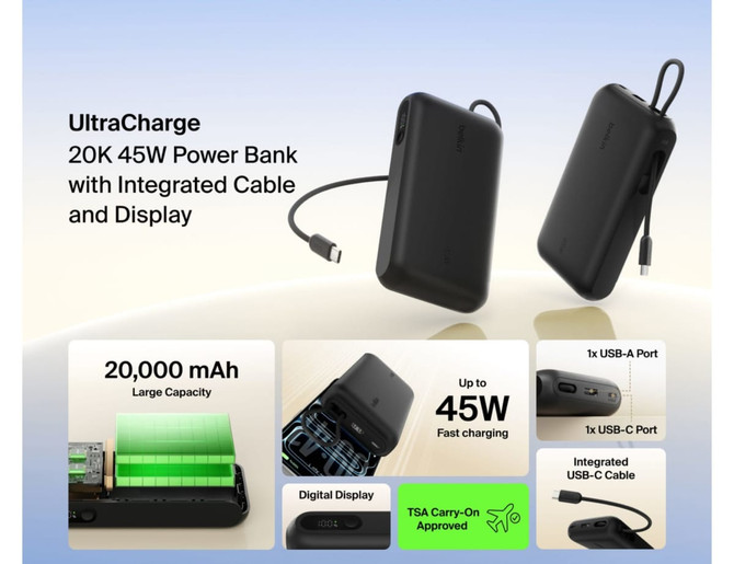 A black power bank with an integrated cable and display, featuring two USB-A ports and a large capacity of 20,000 mAh.