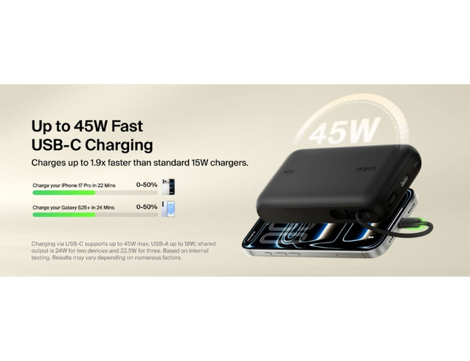 A black power bank with integrated cable features fast USB-C charging and a display, designed for portable device charging.
