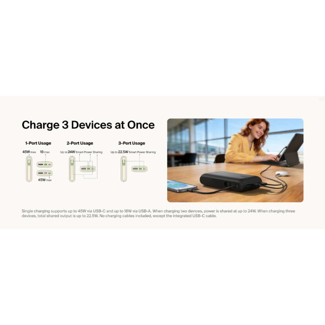 A power bank with integrated cable and display, featuring a sleek black design and three charging port options.