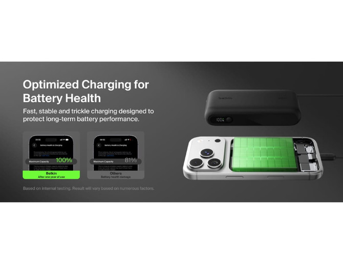 A black power bank with an integrated cable and display, designed for optimized charging and battery health.
