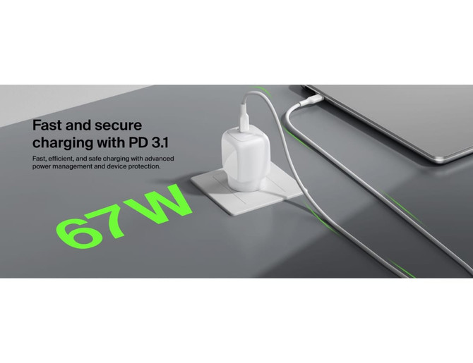 A white dual USB-C wall charger with a green cable, featuring a compact design and a logo on the side.