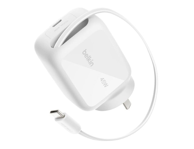 A white 45W wall charger with a retractable design and a USB-C cable attached, featuring a logo.