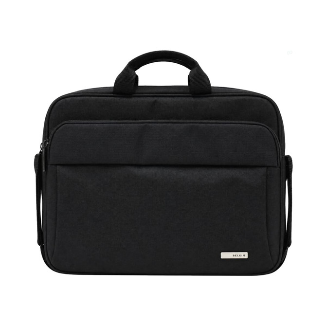 A black laptop bag with dual handles and a front zipper pocket, featuring a logo.