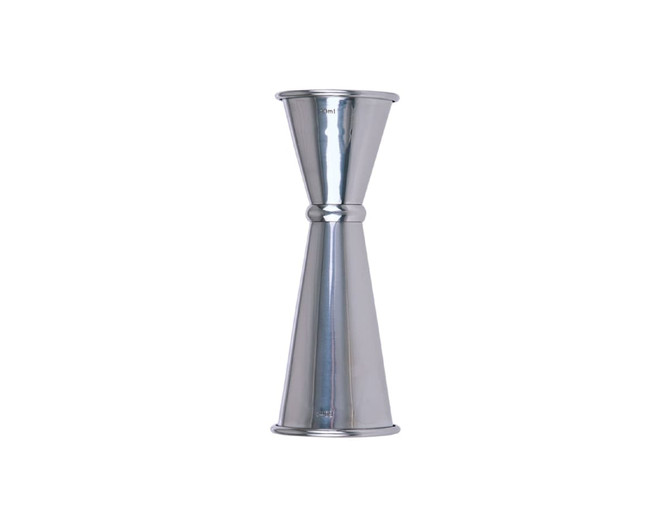 A stainless steel spirit measure with 30ml and 60ml markings, featuring a sleek, mirrored finish and a brand logo.