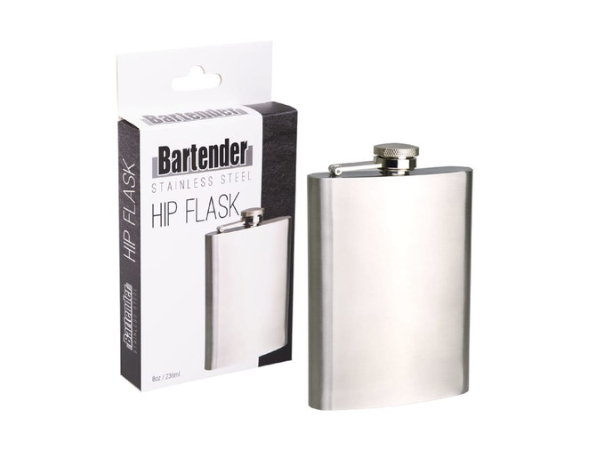 A stainless steel hip flask with a sleek design, featuring a silver finish and a secure screw cap. It has a branding logo.
