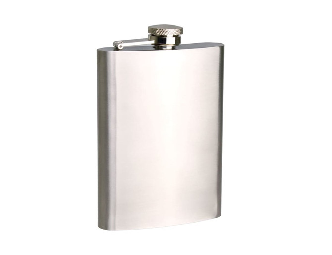 A stainless steel hip flask with a screw cap, featuring a sleek, polished finish. Contains 8oz/236ml.