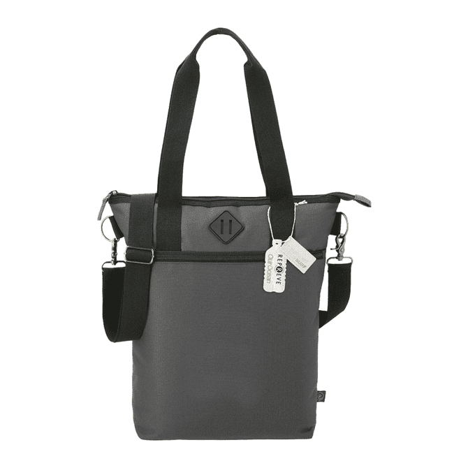 A grey laptop tote bag made from Repreve recycled material, featuring adjustable straps and a logo.