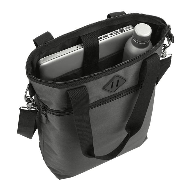 A black laptop tote bag with a grey laptop and a drink bottle inside. The bag features dual handles and a logo.