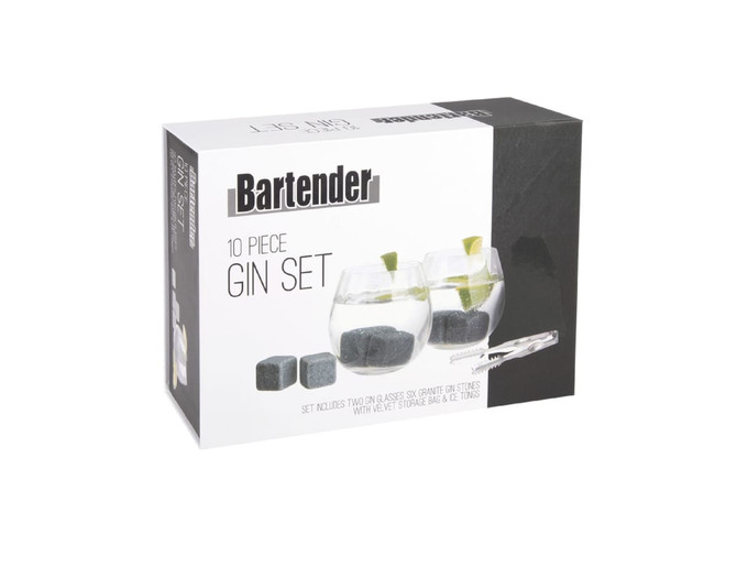 A gin set featuring two glass tumblers, six granite chilling stones, and a storage bag, presented in a boxed package.