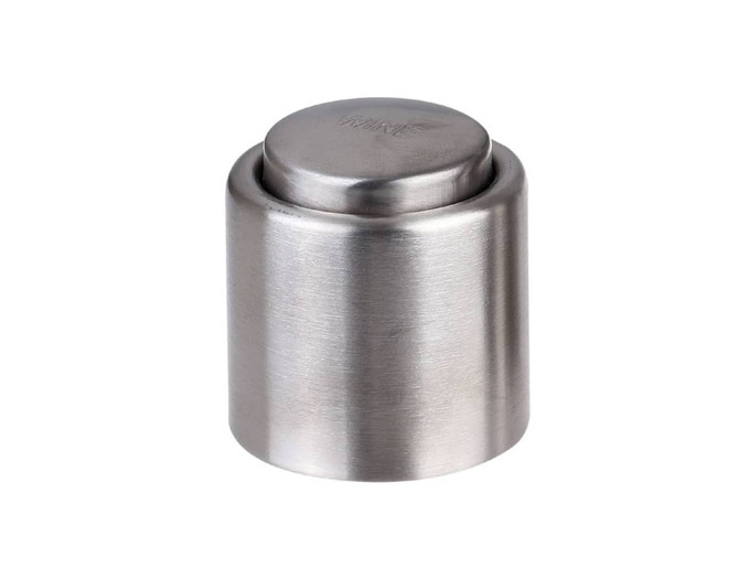 A drink bottle stopper made of stainless steel with a sleek, shiny finish. It has a round top and a cylindrical shape.