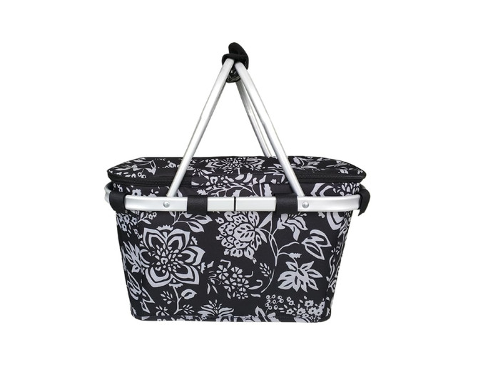 A floral-patterned insulated carry basket in black and white with a silver handle and a lid.