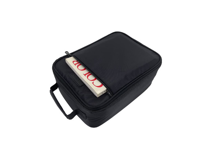A black insulated junior lunch bag with a zippered compartment and a book partially visible inside. It has a handle and a logo.