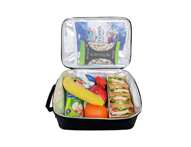 A black insulated lunch bag filled with a variety of sandwiches, fruits, and a drink bottle, featuring a branded interior.