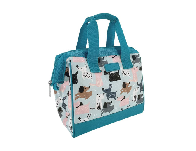 A teal insulated lunch bag featuring a playful dog print in various colours on a light background.