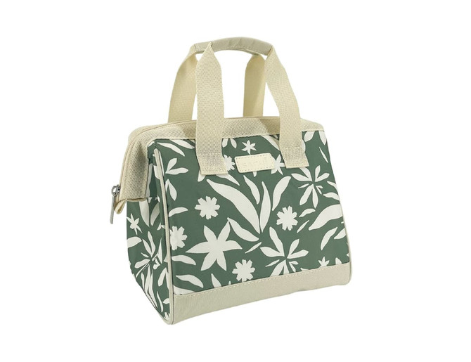 An insulated lunch bag in green with a white floral pattern and cream-coloured handles. It features a logo.
