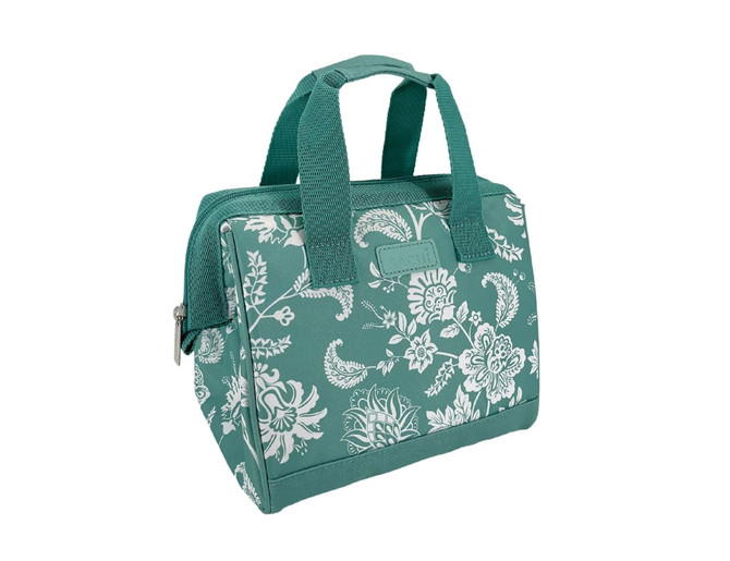 A teal insulated lunch bag with a floral design, featuring a zip closure and two top handles.