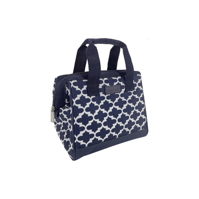 A navy insulated lunch bag with a white geometric pattern and short handles, featuring a logo on the side.