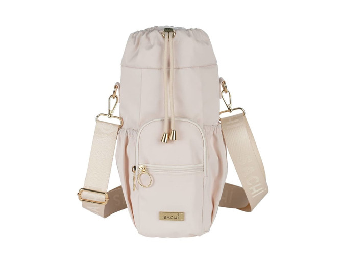 A drink bottle bag in soft pink, featuring a drawstring closure, front pocket, and adjustable shoulder strap.