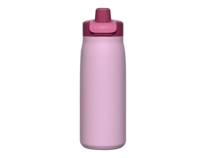 A drink bottle in pastel pink with a dark pink flip-top lid and a branding logo.
