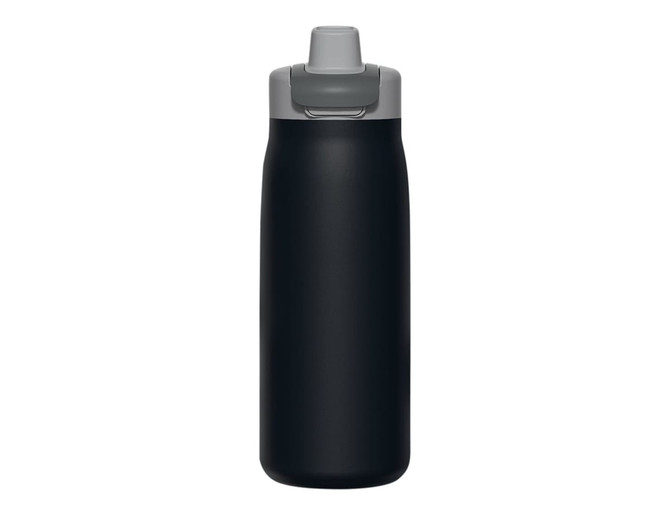A drink bottle in matte black with a grey flip-top lid. It features a logo on its surface.