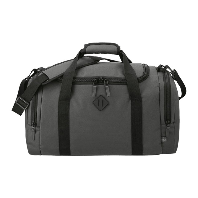 A grey duffel bag made from Repreve recycled material, featuring a shoulder strap and front zipper pockets, with a logo.