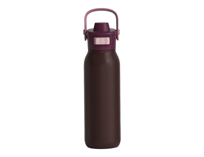 A drink bottle in dark brown with a pink lid and handle, featuring a logo. Holds 750ml and has a dual spout.