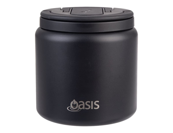 A black food flask with a quick release lid and spork, featuring a logo on the front.