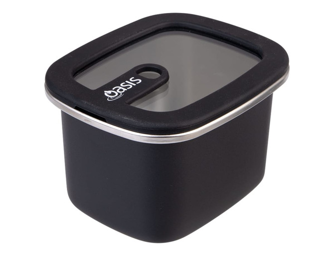 A black rectangular stainless steel container with a transparent lid and a handle, featuring a brand logo.