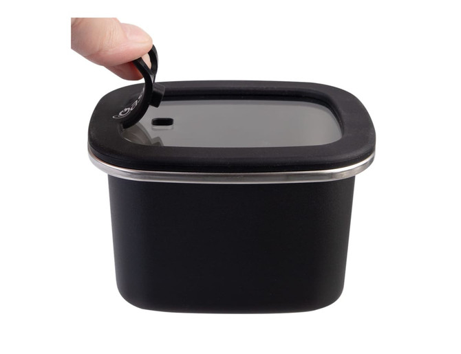 A black rectangular stainless steel container with a transparent lid and a handle on top.