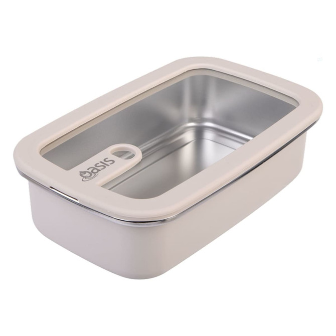 A rectangular stainless steel container in cream with a transparent lid and a handle. It features a logo.