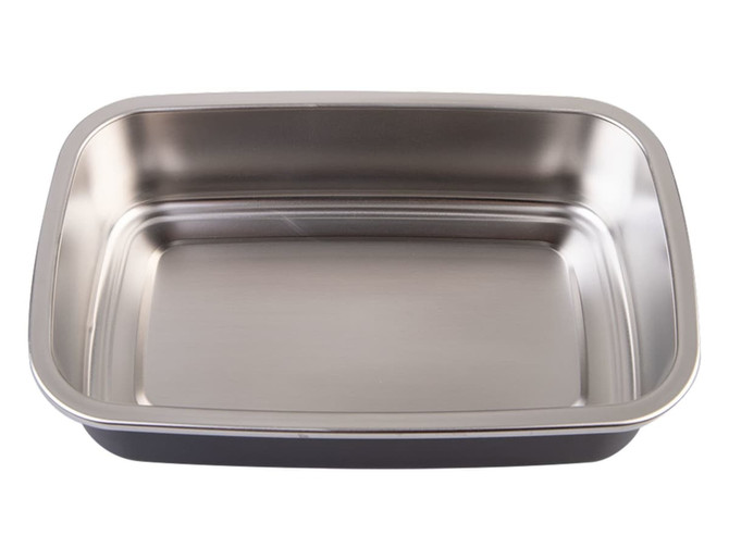 A rectangular stainless steel container in silver, suitable for microwave use, with a smooth interior finish.