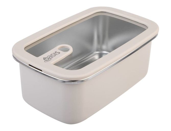 A rectangular microwave-safe container with a stainless steel interior and a cream-coloured exterior, featuring a lid.