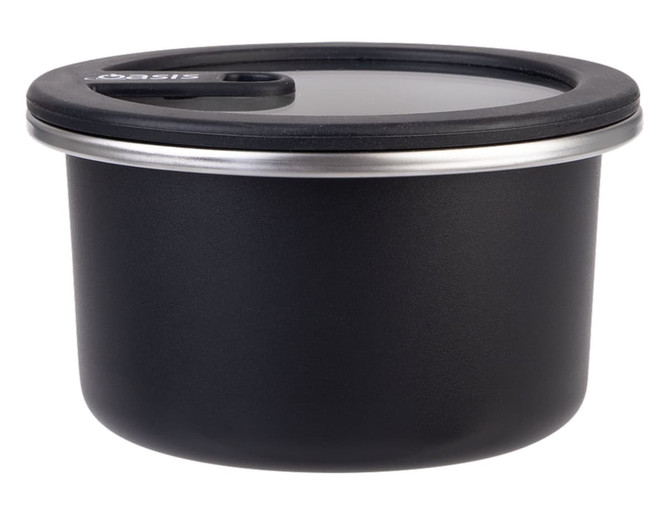 A round black stainless steel container with a lid, featuring a silver rim, designed for microwave use.