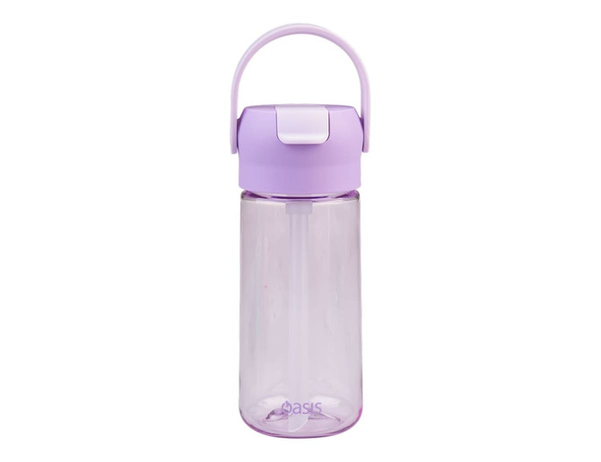 A drink bottle in light purple with a flip-top lid and a carrying handle, featuring a logo.