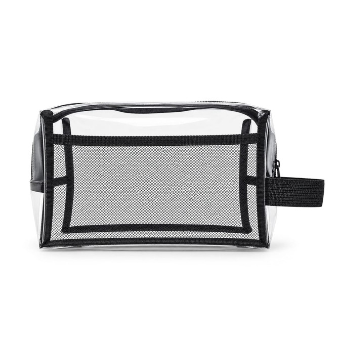 A clear cosmetic bag with black trim and mesh detailing, featuring a zip closure and a side handle.