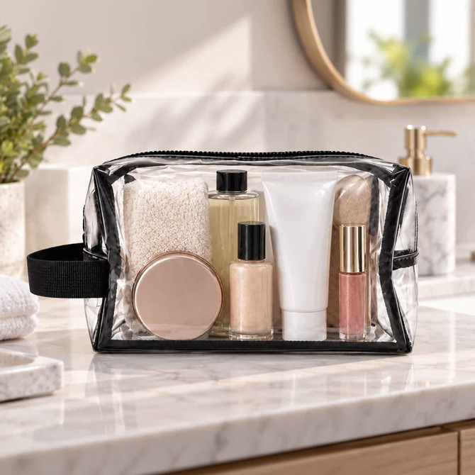 A clear cosmetic bag contains various skincare products, including bottles and tubes, with a black trim.