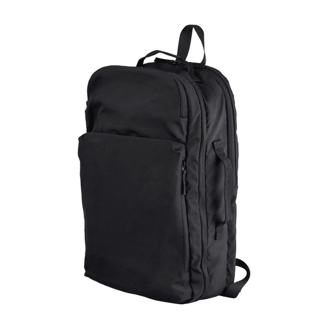 A black backpack with multiple compartments and a logo, featuring a sleek, minimalist design.