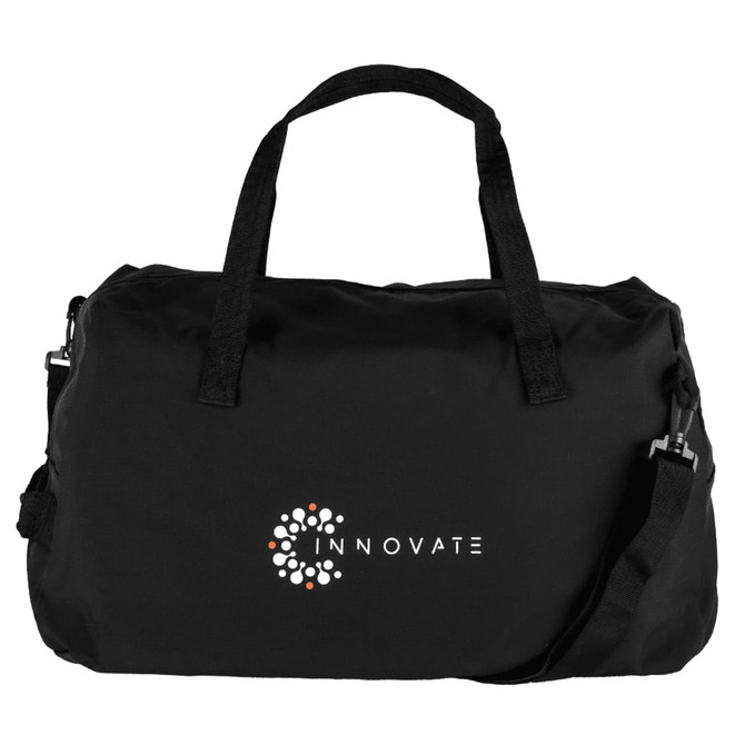 A black duffel bag with two handles, a shoulder strap, and a logo on the front.