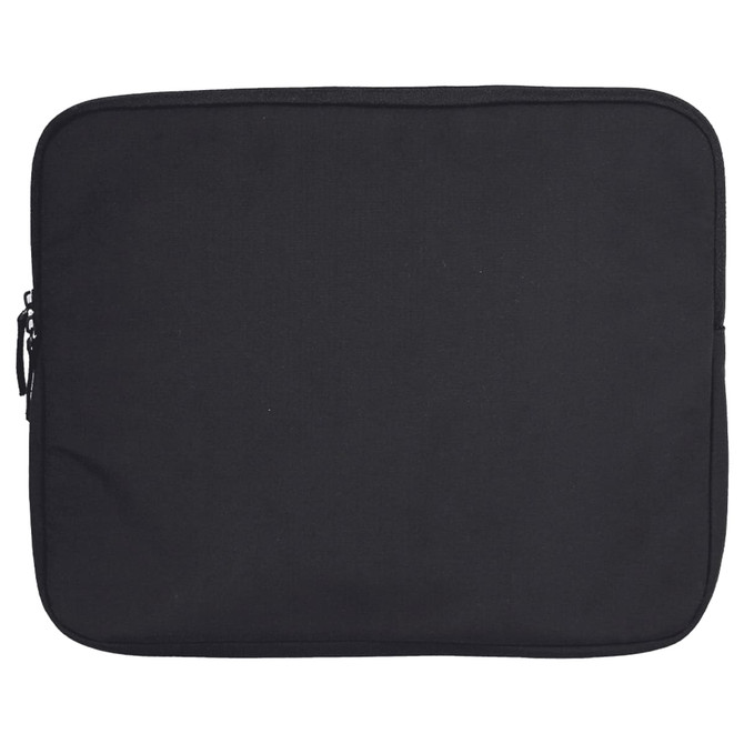 A black laptop sleeve with a zip closure and a simple design. It features a logo on the front.