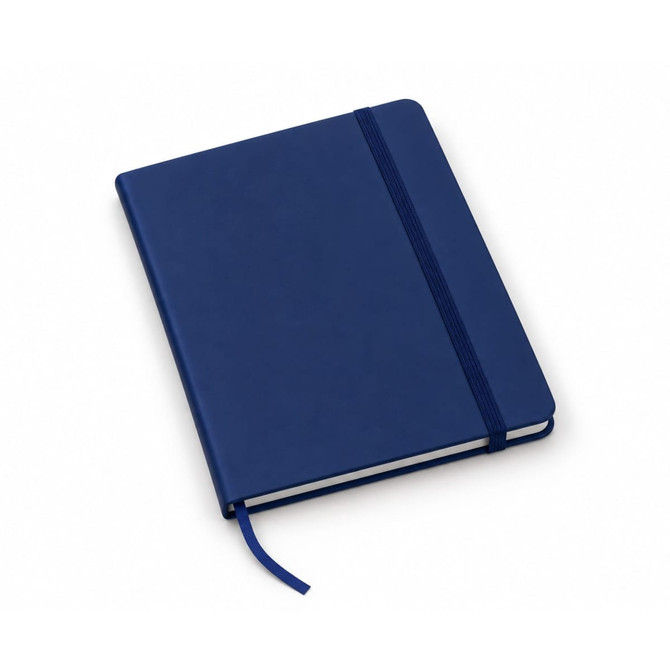 A navy blue FSC Notebook with a matching elastic band and ribbon marker, featuring a smooth cover.
