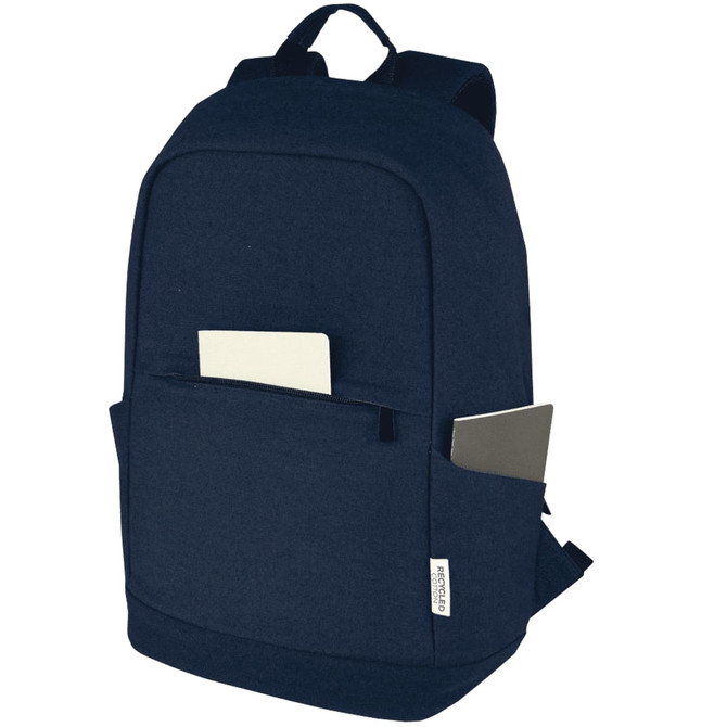 A navy blue laptop backpack with a front pocket and side compartments, featuring a logo on the side.