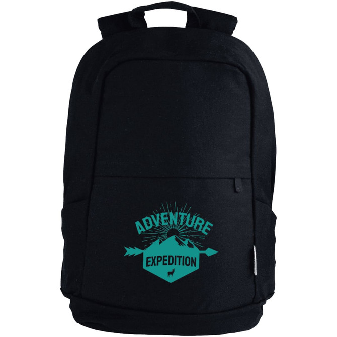 A black laptop backpack with a teal design featuring mountains and arrows, along with a logo.