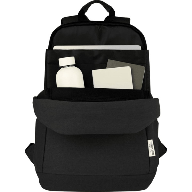 A black laptop backpack with a front pocket, a drink bottle, and notebooks visible inside. Features a branding logo.